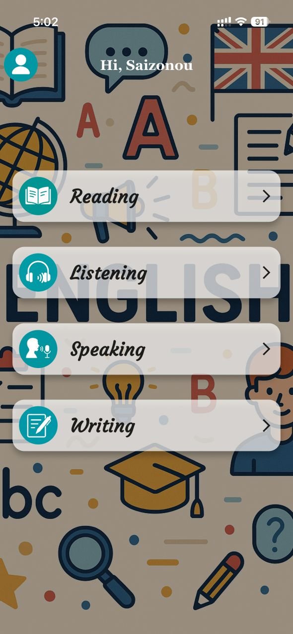 TOEFL GEEK app dashboard showing speaking score and practice sections