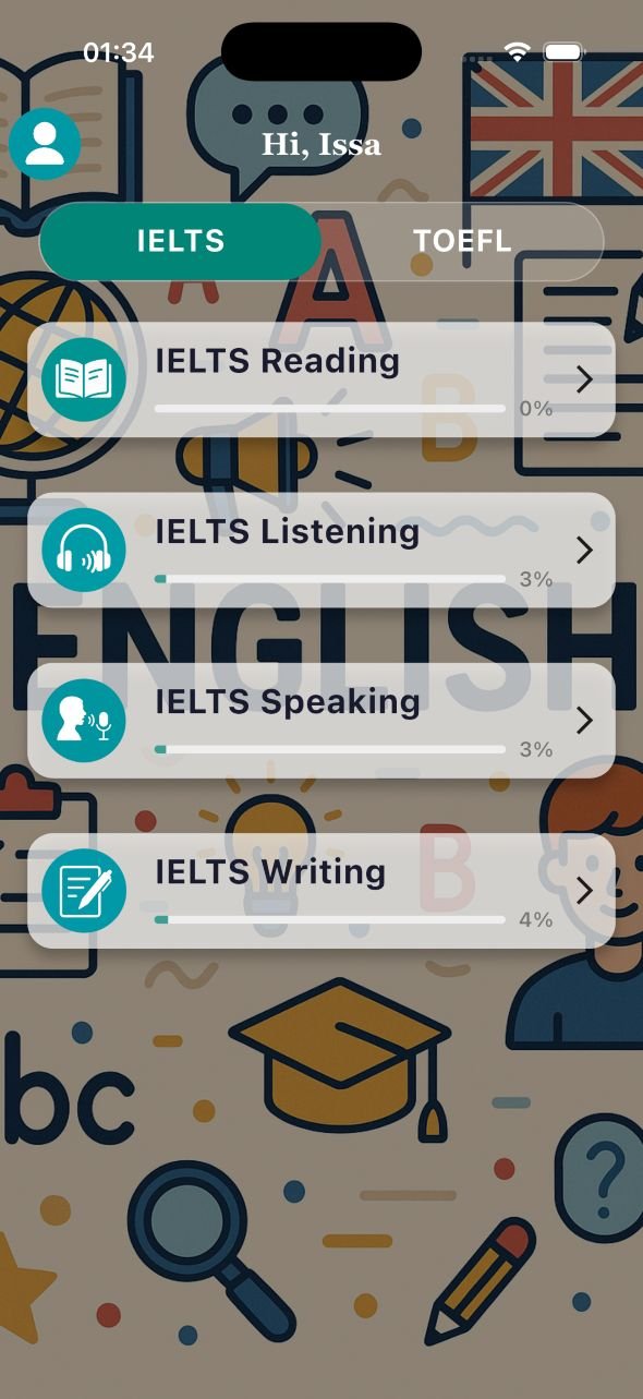 Geek Prep app showing IELTS Reading, Listening, Speaking and Writing practice sections
