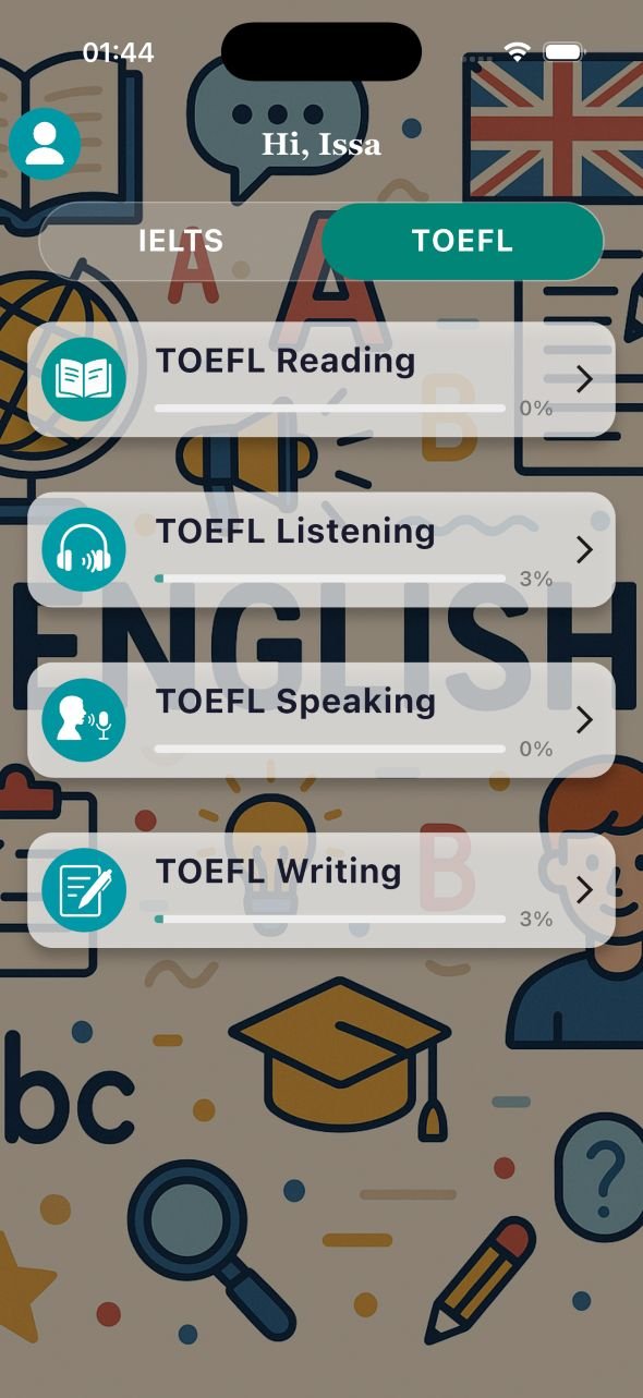 Geek Prep app showing TOEFL Reading, Listening, Speaking and Writing practice sections